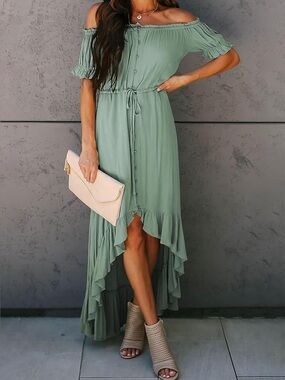 Happy Sailed Sage Green Off Shoulder Square Neck High-Low Short Sleeve Dress Med